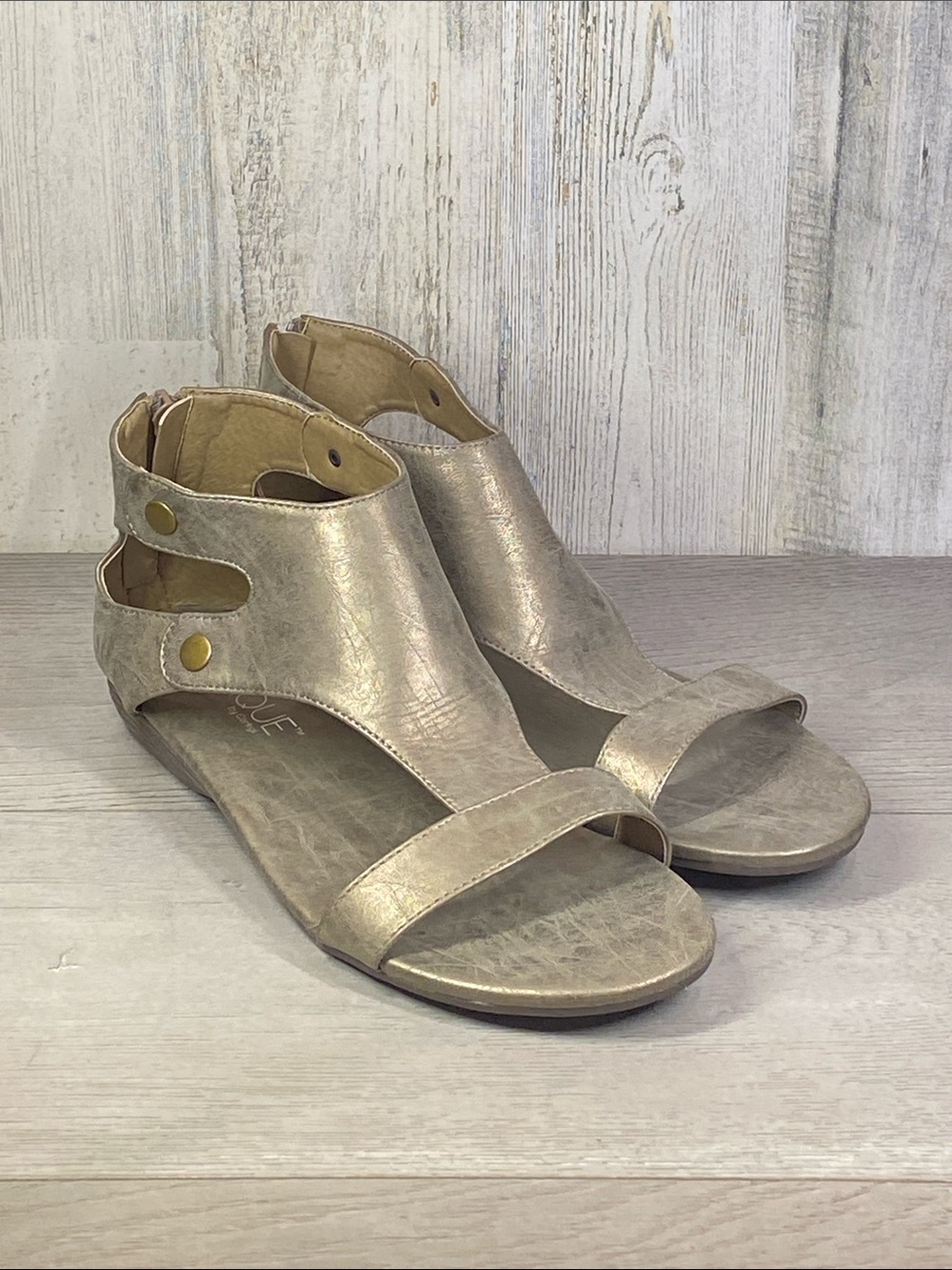 Metallic Taupe Open-Toe Women's Sandals with Ankle Snap Detail